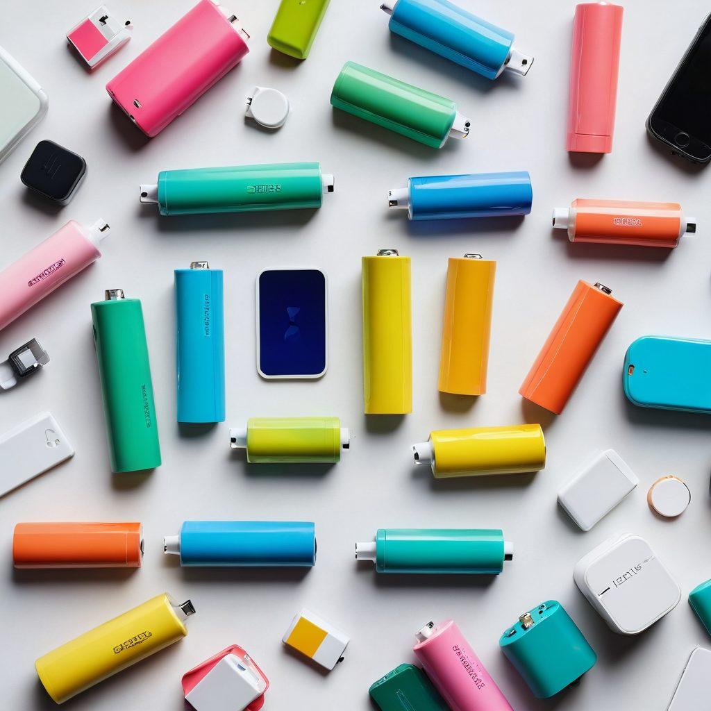A dynamic flat lay featuring a variety of colorful rechargeable batteries alongside sleek accessories like chargers and adapters, set against a vibrant, energetic backdrop. Incorporate elements like power symbols and eco-friendly icons to emphasize sustainability. Add a subtle glow effect to highlight the batteries' rechargeable nature. Artistic touch of a modern tech vibe. vibrant colors. white background.