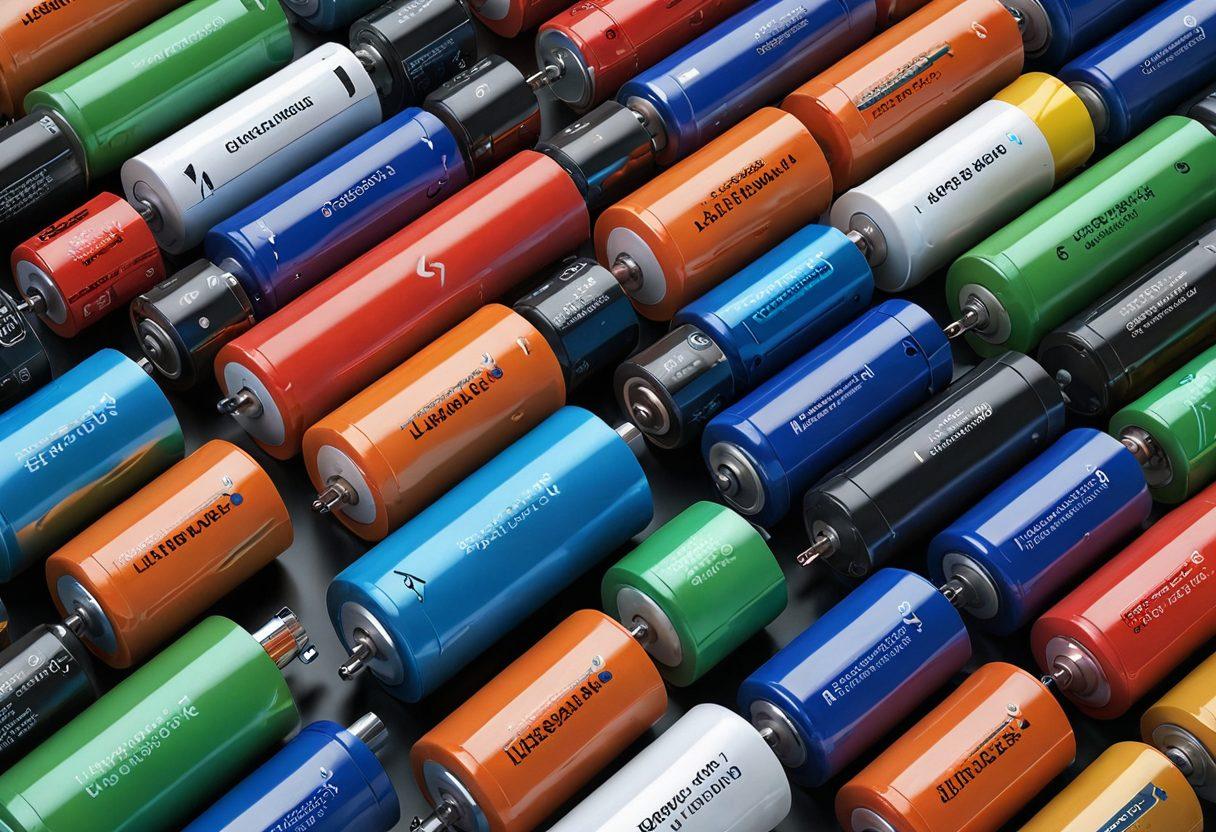 An intricate layout showcasing various battery types such as lithium-ion, nickel-metal hydride, and lead-acid batteries, each labeled clearly. The background features a dynamic energy theme with electric sparks and power symbols. Include a diverse range of devices powered by these batteries, such as electric vehicles, gadgets, and renewable energy systems. Vivid colors should emphasize the energy aspect and make the batteries appear modern and efficient. 3D illustration. vibrant colors.