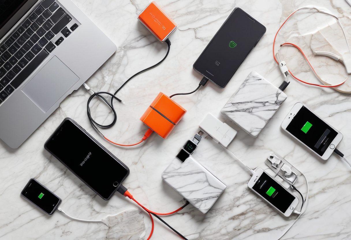 A stylish flat lay of various essential battery chargers and accessories on a marble surface, featuring different designs like portable power banks, sleek wall chargers, and colorful charging cables, surrounded by lifestyle elements such as a laptop, phone, and notebook, with a warm and inviting atmosphere. super-realistic. vibrant colors. white background.